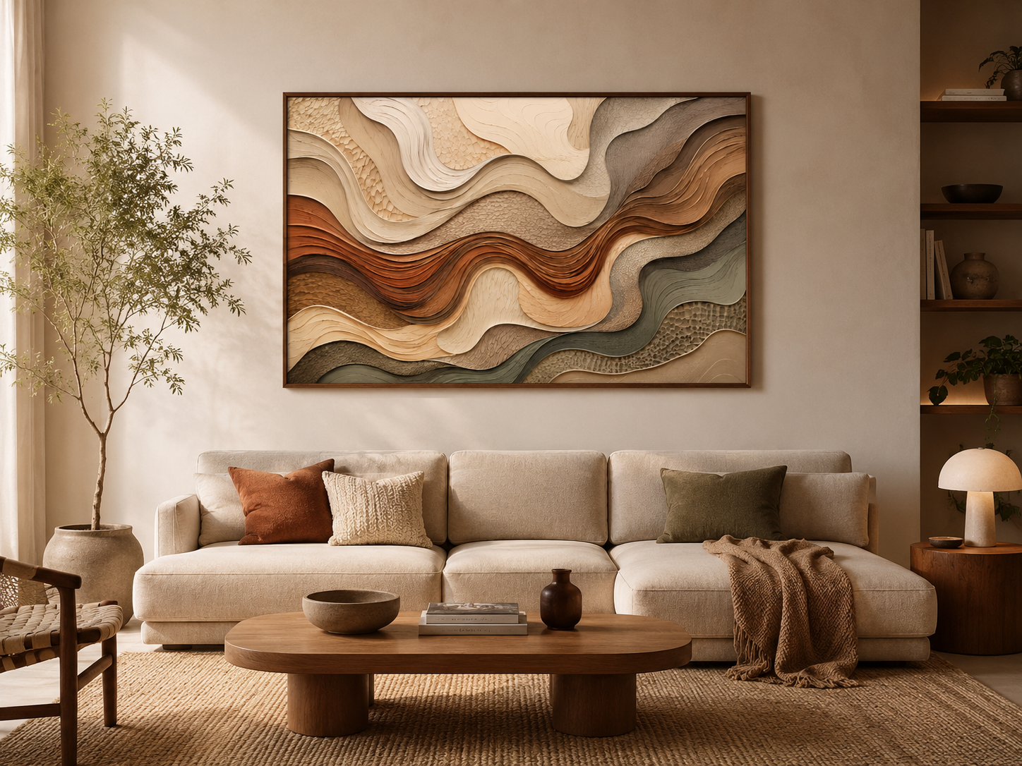 Quadro Decorativo Abstrato Ondas Orgânicas Terra e Sálvia