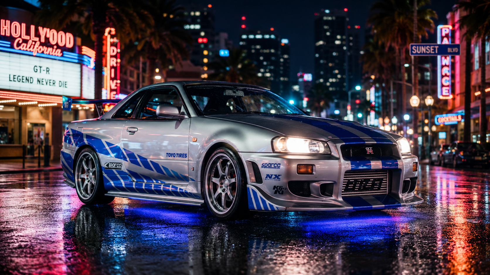 Quadro Decorativo Nissan GT-R R34 nas Ruas de Hollywood à Noite