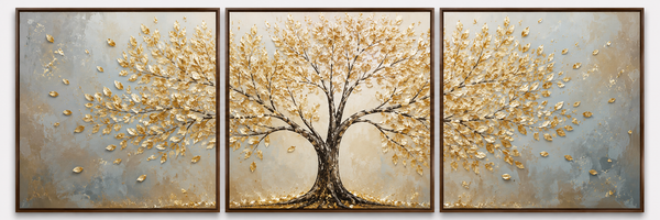 Kit Quadro Decorativo Abstrato Árvore Dourada com Folhas Luminosas - Conjunto 3 Peças