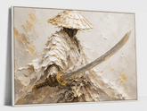 Quadro Decorativo Samurai Branco com Katana em Relevo Textural Dourado