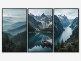 Kit Quadro Decorativo Paisagem Alpina Montanhas Lago e Barco Vermelho - Conjunto 3 Peças