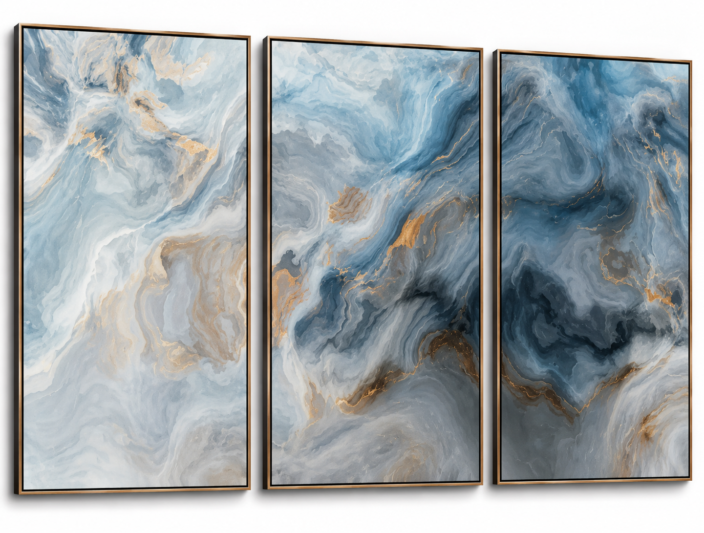 Kit Quadro Decorativo Abstrato Ondas de Mármore Azul e Dourado Trio