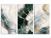 Kit Quadro Decorativo Abstrato Mármore Teal com Veias Douradas Trio