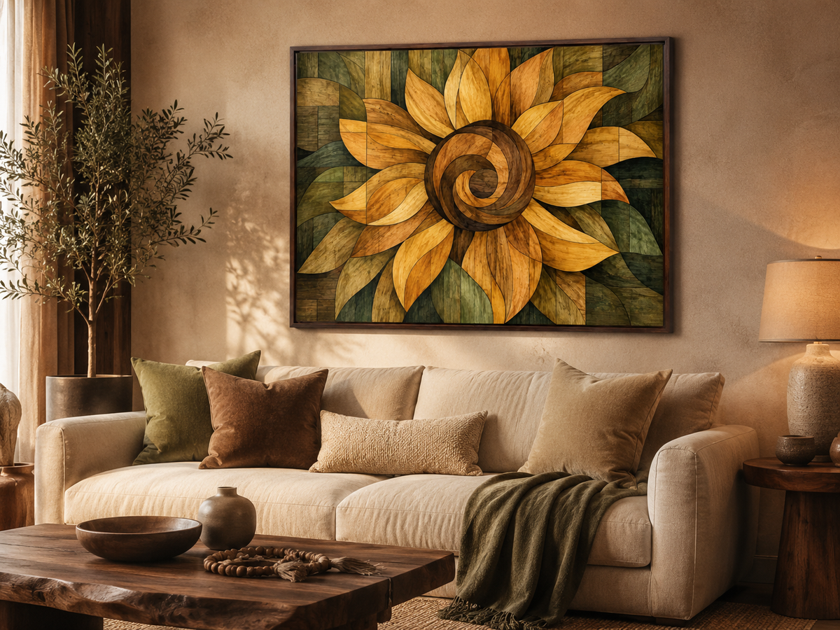 Quadro Decorativo Abstrato Girassol em Marchetaria de Madeira