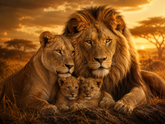 Quadro Decorativo Família de Leões no Savana ao Pôr-do-Sol
