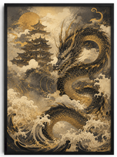 Quadro Decorativo Dragão Negro Dourado com Pagoda Flutuante e Lua