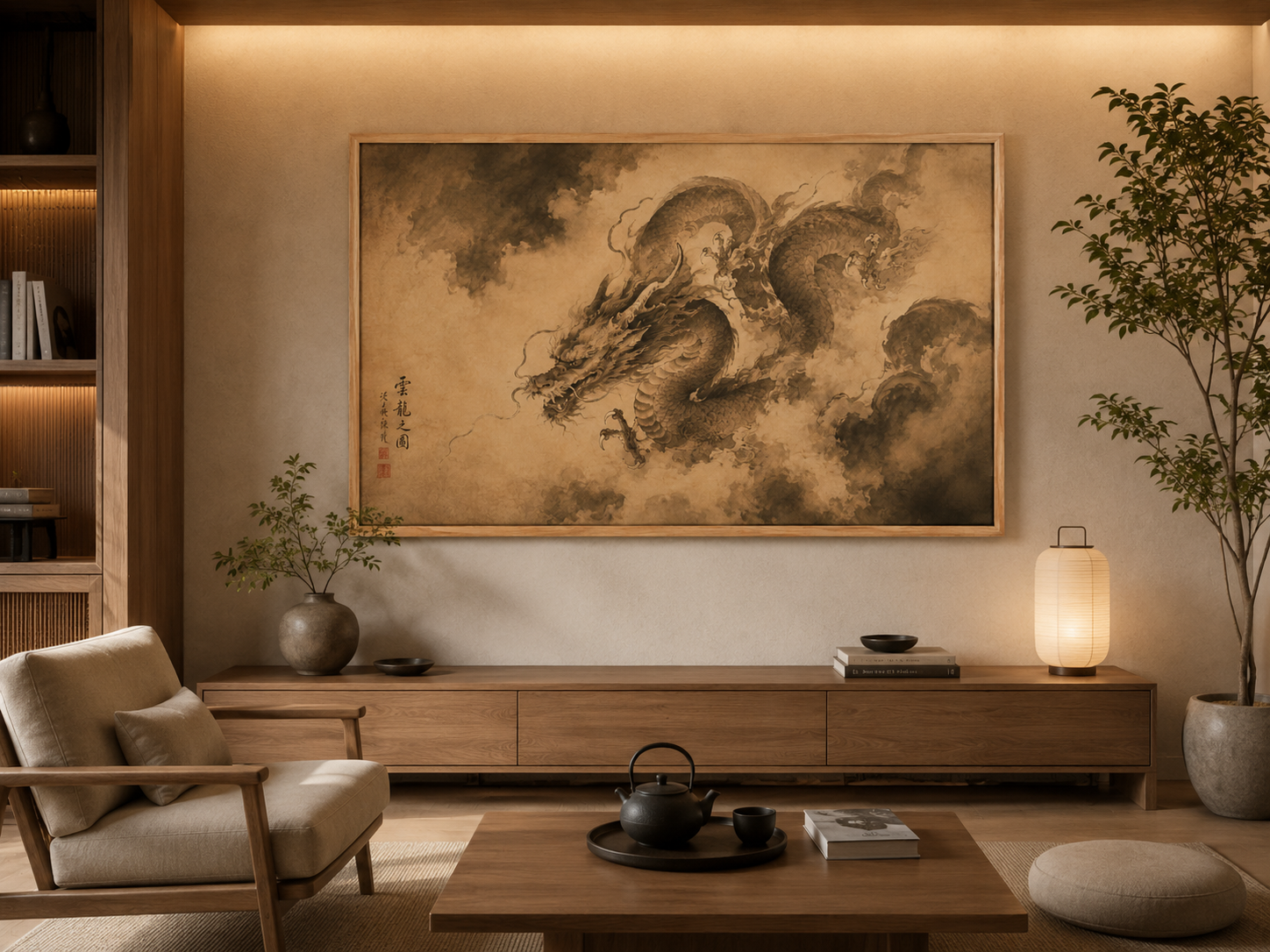 Quadro Decorativo Dragão em Sumi-e Sépia nas Nuvens - Pintura Clássica Chinesa