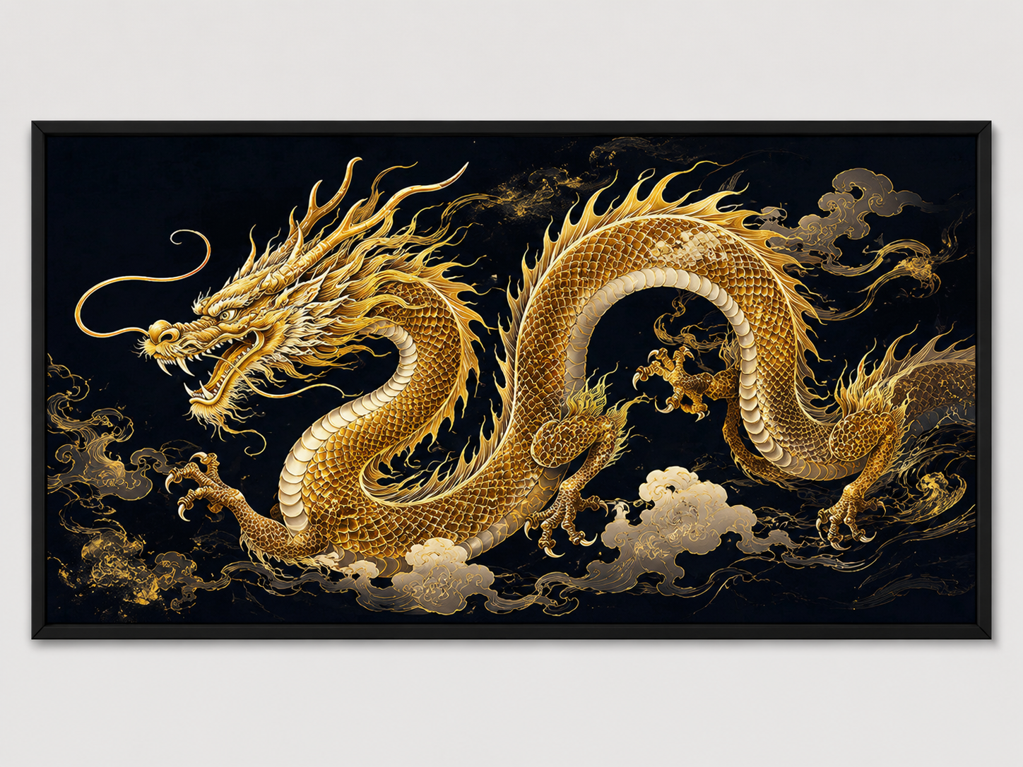 Quadro Decorativo Dragão Dourado Majestoso em Fundo Escuro