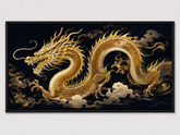 Quadro Decorativo Dragão Dourado Majestoso em Fundo Escuro