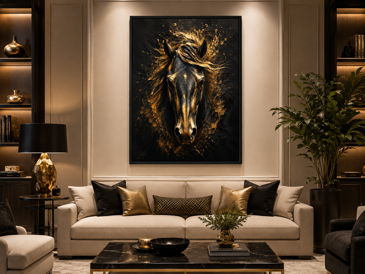 Quadro Decorativo Cavalo Preto com Explosão Dourada