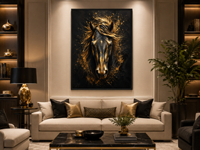Quadro Decorativo Cavalo Preto com Explosão Dourada