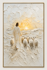 Quadro Decorativo Jesus Bom Pastor com Ovelhas ao Pôr-do-Sol Relevo Branco