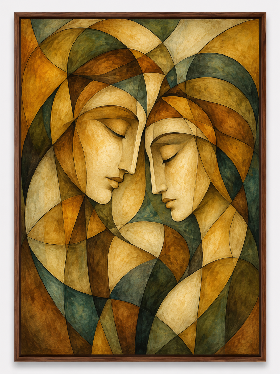Quadro Decorativo Abstrato Rostos Cubistas Verde e Terracota