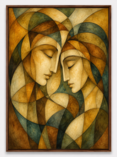 Quadro Decorativo Abstrato Rostos Cubistas Verde e Terracota
