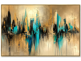 Quadro Decorativo Abstrato Skyline Urbana em Teal e Dourado