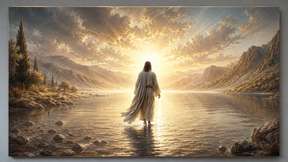 Quadro Decorativo Jesus Cristo Caminhando na Luz Divina ao Pôr-do-Sol