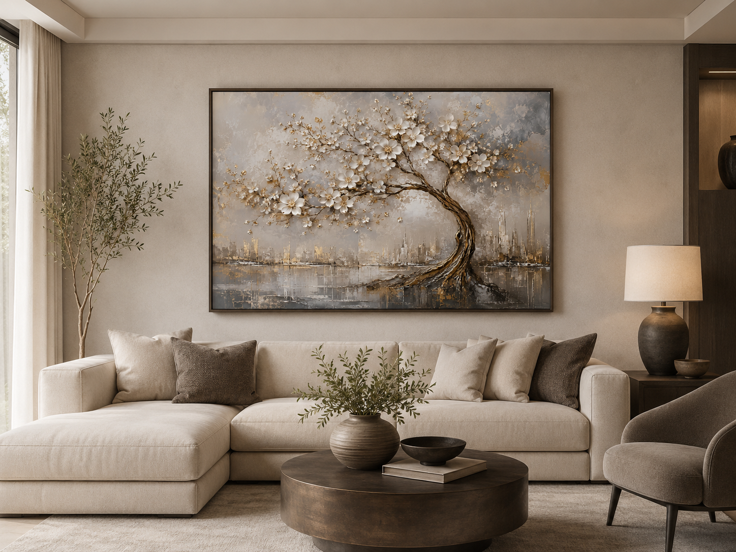 Quadro Decorativo Árvore da Vida Florida em Tons Prata e Dourado