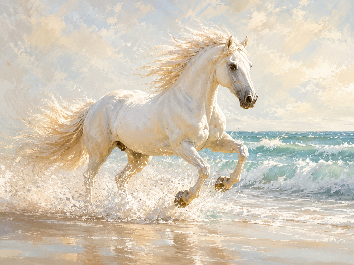 Quadro Decorativo Cavalo Branco Galopando na Praia ao Pôr-do-Sol