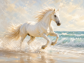 Quadro Decorativo Cavalo Branco Galopando na Praia ao Pôr-do-Sol