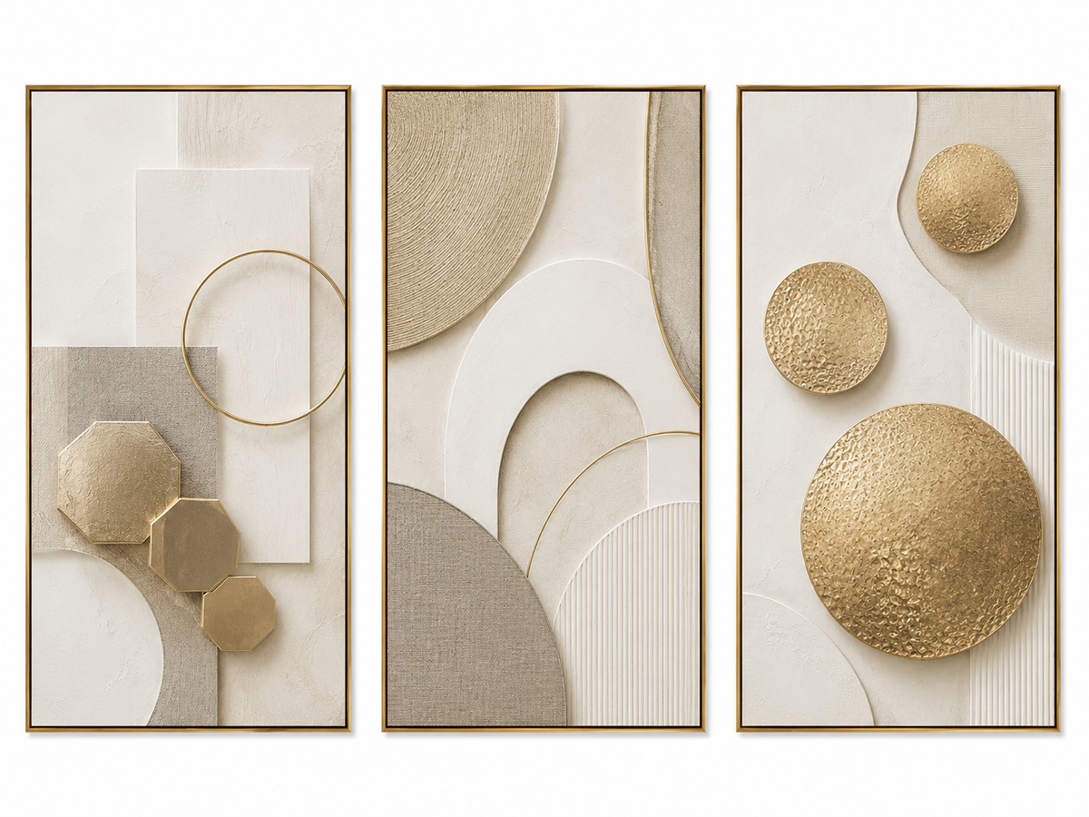 Kit Quadro Decorativo Abstrato Esferas Douradas em Harmonia - Conjunto 3 Peças
