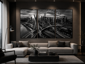 Quadro Decorativo Ponte do Brooklyn e Skyline de Nova York ao Pôr-do-Sol Dourado