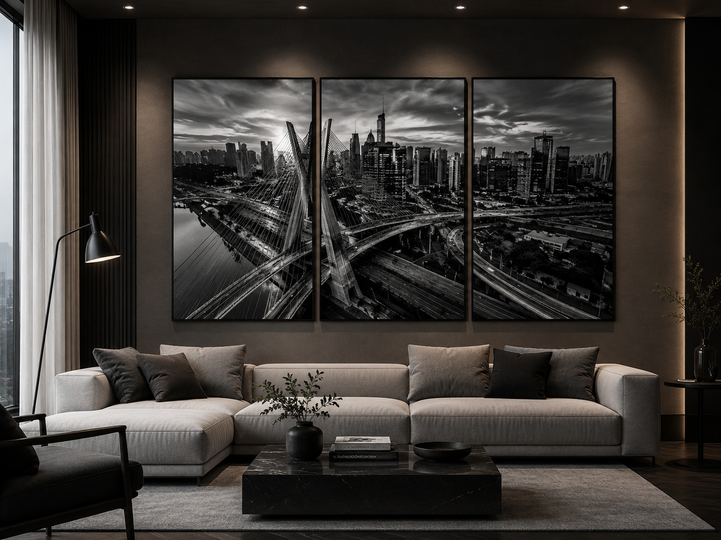Kit Quadro Decorativo Cidade Europeia Ribeirinha à Noite com Reflexos - Conjunto 3 Peças
