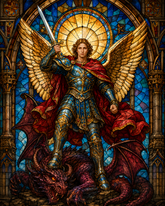 Quadro Decorativo São Miguel Arcanjo em Vitral Clássico com Dragão