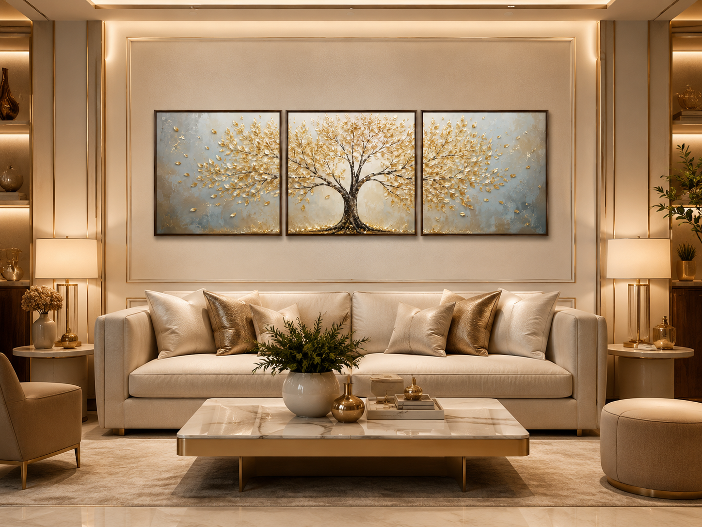 Kit Quadro Decorativo Abstrato Árvore Dourada com Folhas Luminosas Trio