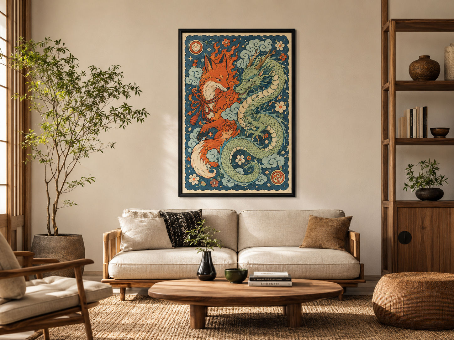Quadro Decorativo Kitsune e Dragão Folk Art Japonês Colorido