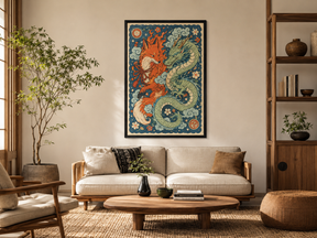 Quadro Decorativo Kitsune e Dragão Folk Art Japonês Colorido