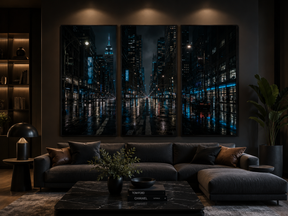 Kit Quadro Decorativo Rua de Nova York à Noite sob a Chuva - Conjunto 3 Peças