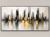 Quadro Decorativo Skyline Abstrata em Preto, Branco e Ouro