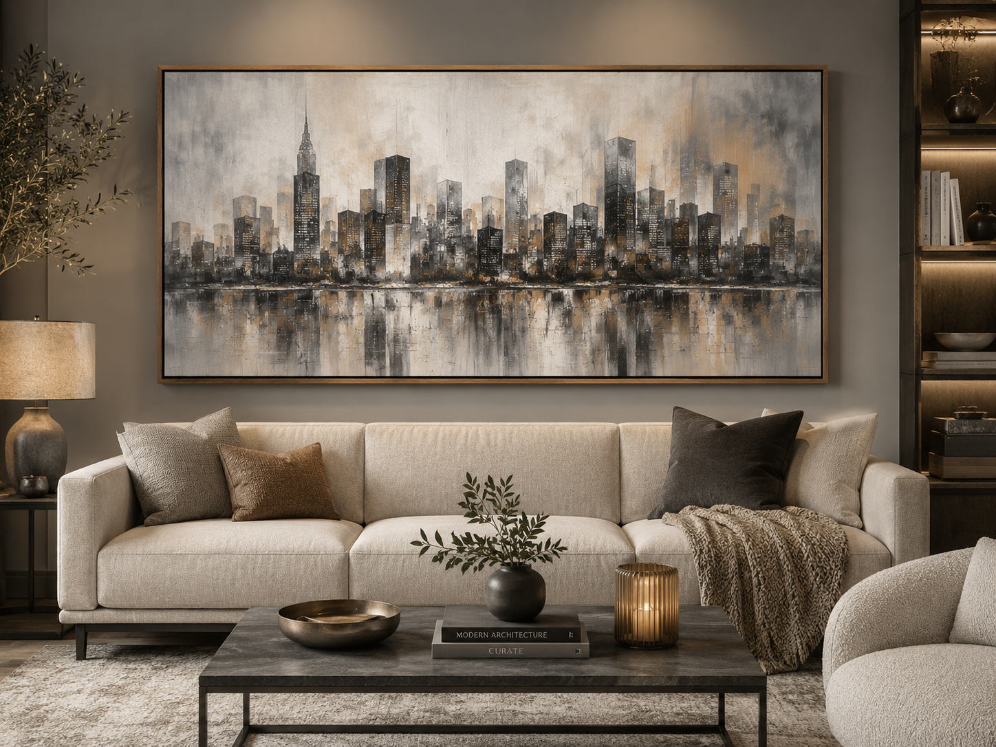 Quadro Decorativo Ponte do Brooklyn e Skyline de Nova York ao Pôr-do-Sol Dourado
