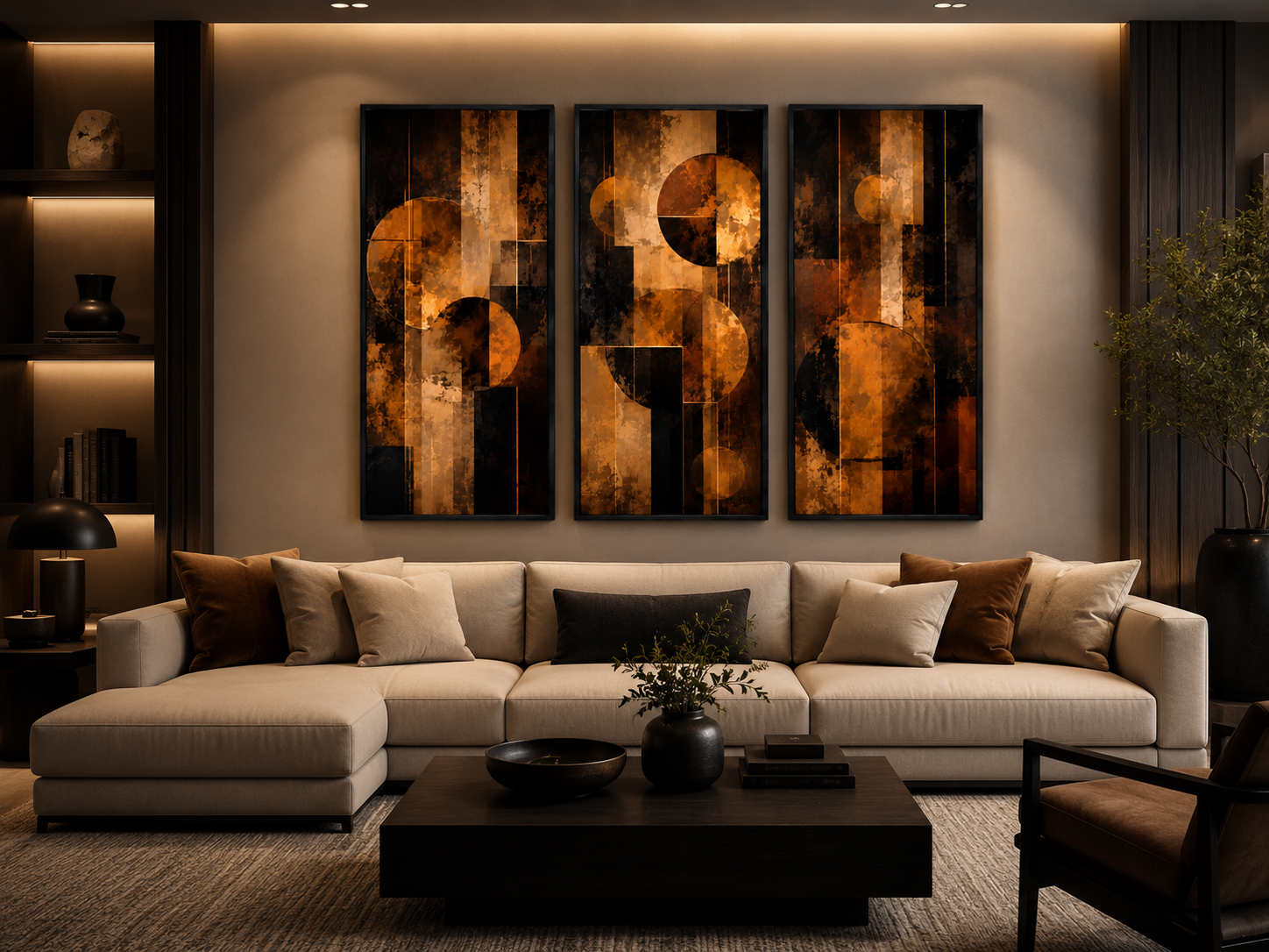 Kit Quadro Decorativo Abstrato Geométrico Cobre e Bronze - Conjunto 3 Peças