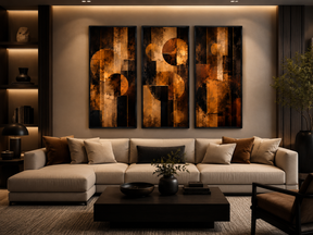 Kit Quadro Decorativo Abstrato Geométrico Cobre e Bronze - Conjunto 3 Peças
