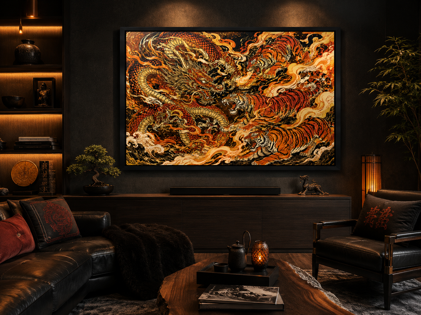 Quadro Decorativo Dragão Dourado e Tigre em Batalha no Fogo