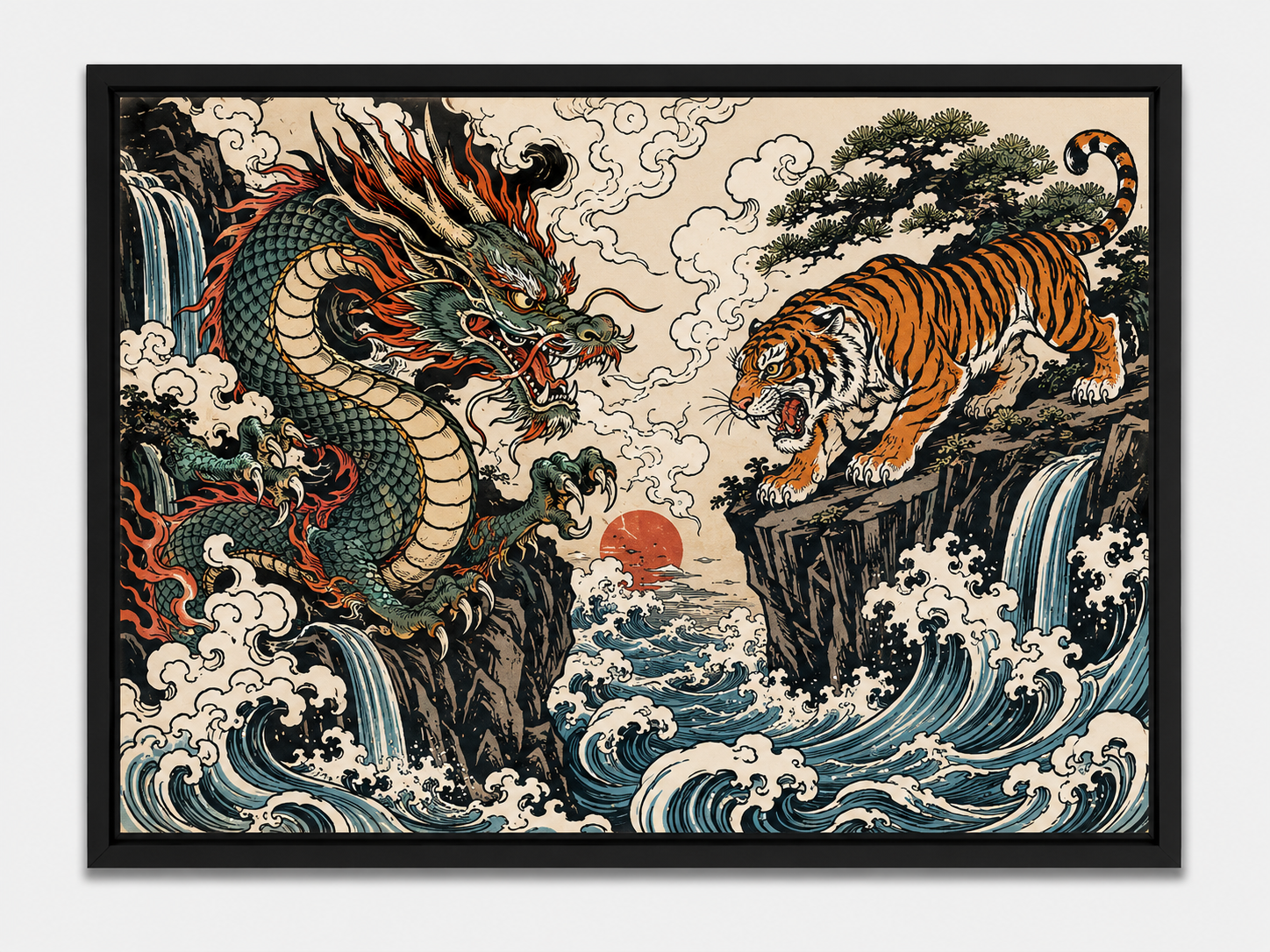 Quadro Decorativo Dragão e Tigre em Batalha Estilo Ukiyo-e Japonês