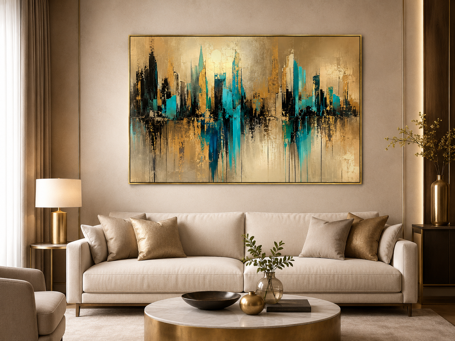 Quadro Decorativo Abstrato Skyline Urbana em Teal e Dourado