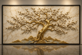 Quadro Decorativo Árvore da Vida em Relevo 3D Dourado no Mármore - Peça Central
