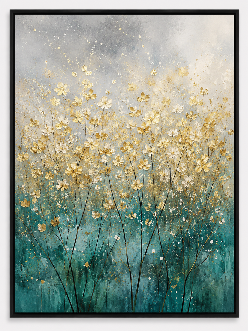 Quadro Decorativo Abstrato Campo Dourado Florescente em Teal
