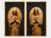Kit Quadro Decorativo Nossa Senhora e Jesus Cristo Escultura em Madeira - Conjunto 2 Peças
