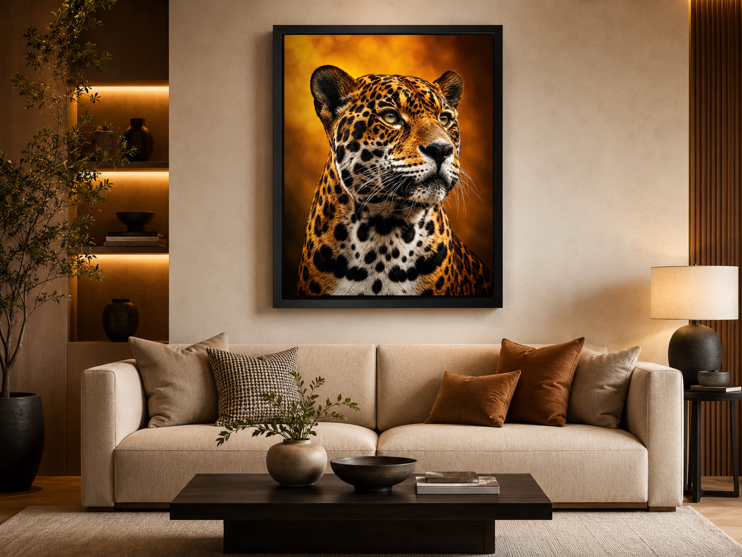 Quadro Decorativo Onça-Pintada Retrato em Fundo Dourado