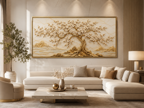 Quadro Decorativo Árvore da Vida Dourada em Mármore com Montanhas