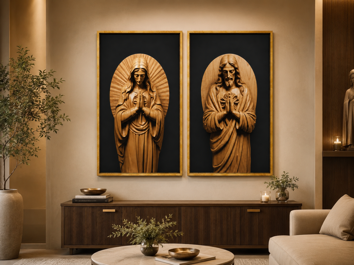 Kit Quadro Decorativo Nossa Senhora e Jesus Cristo Escultura em Madeira - Conjunto 2 Peças