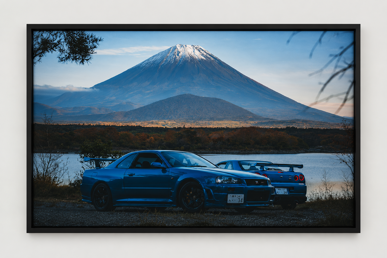 Quadro Decorativo Nissan GT-R R34 Azul em frente ao Monte Fuji
