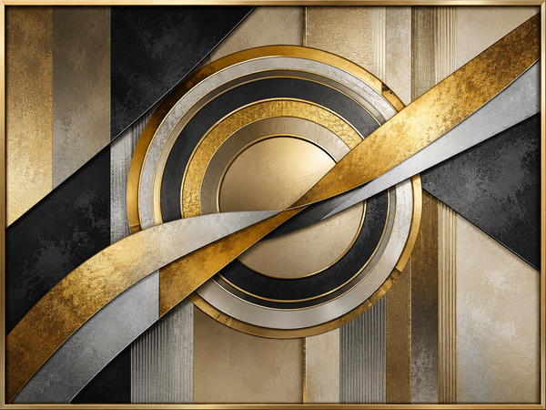 Kit Quadro Decorativo Abstrato Círculos Art Déco Preto e Dourado - Conjunto 3 Peças