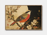 Quadro Decorativo Pássaro Japonês em Galho de Cerejeira com Lua Dourada