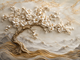 Quadro Decorativo Árvore Cerejeira Branca em Paisagem Dourada e Montanhas