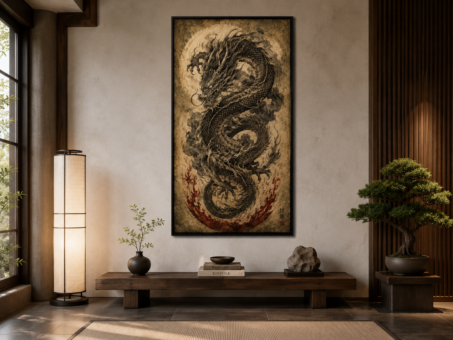 Quadro Decorativo Dragão Negro em Pergaminho Antigo com Chamas Vermelhas