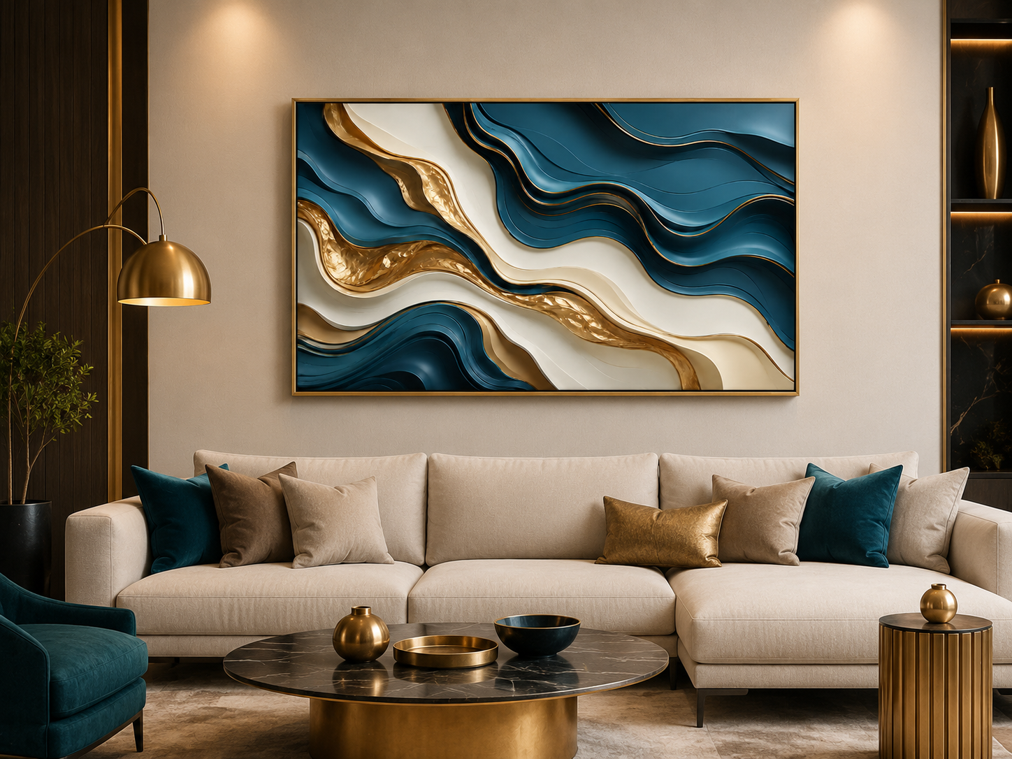 Quadro Decorativo Abstrato Ondas 3D Teal e Dourado